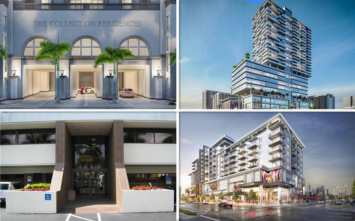 From top left clockwise: Planned Collection Residences site, FAT City, Wynwood Green, and the Kendall Professional Building