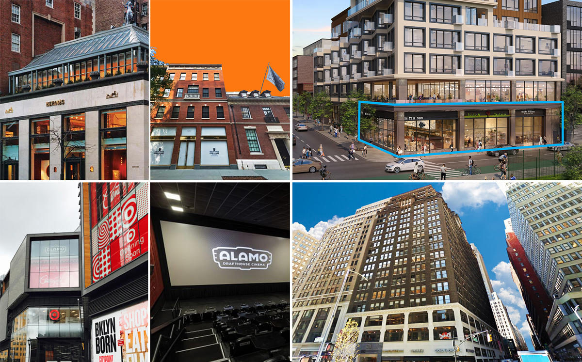 Clockwise from left: Hermès’ current location at 691 Madison Avenue and 706 Madison Avenue, 87 Kent Avenue, 1385 Broadway, and the Alamo Drafthouse at 445 Albee Square West in Brooklyn