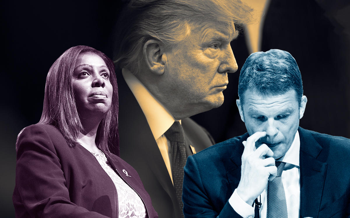 From left: New York Attorney General Letitia James, President Donald Trump, and Deutsche Bank CEO Christian Sewing (Credit: Getty Images)