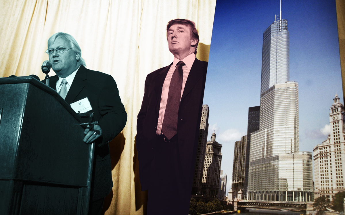 Architect Adrian Smith and Donald Trump unveil renderings of Trump Tower Chicago at a news conference in 2003 (Credit: Getty Images)