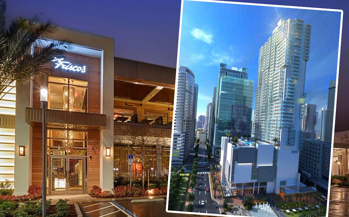 An existing Del Frisco's location and a rendering of Met Square (Credit: Hart Gaugler + Associates and NBWW)