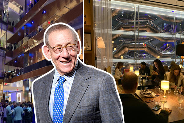Related Companies' Stephen Ross and The Shops at Hudson Yards; right, a view of the Vessel from Queensyard restaurant (Credit: Getty, Erin Hudson)