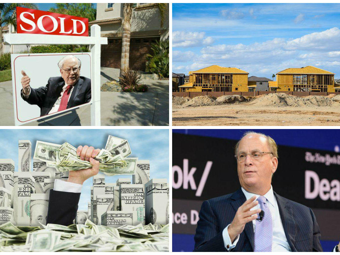 <em>Clockwise from top left: Warren Buffett’s HomeServices named largest resi brokerage in the U.S., New-home groundbreakings hit an 8-month low in February, report says, BlackRock snaps up real estate analytics firm eFront for $1.3B, and private real estate funds struggling to invest record amounts of cash.</em>