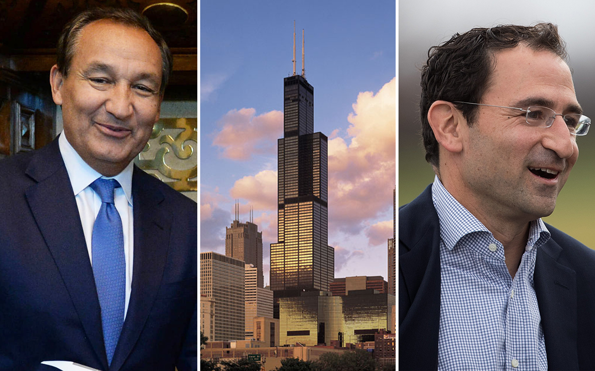 From left: United CEO Oscar Munoz, Willis Tower at 233 South Wacker Drive, and Blackstone president Jonathan Gray (Credit: Wikipedia and Getty Images)