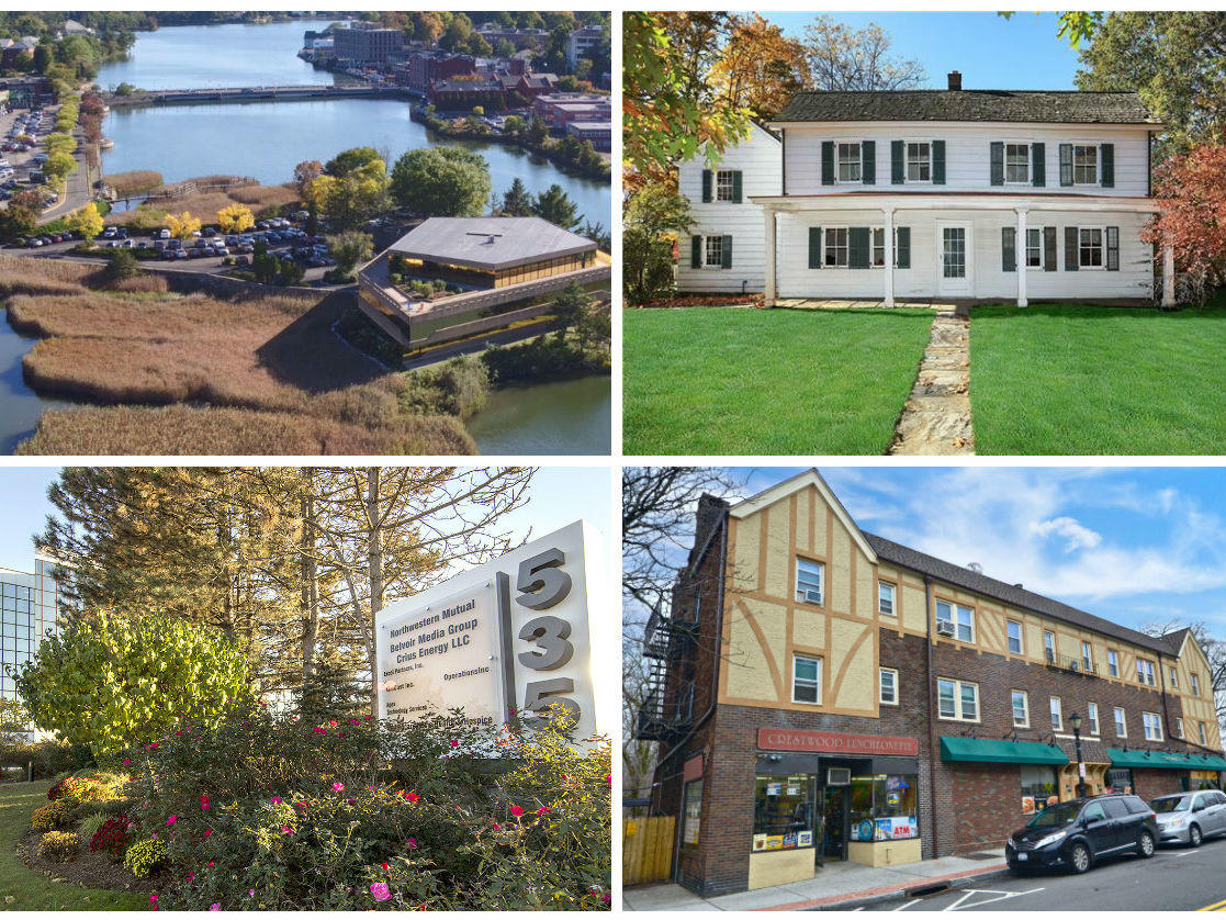 <em>Clockwise from top left: Washington Trust provided $17.4M in financing for island office building buy, Rye-based home builder snapping up historic farmhouse in Scarsdale, Westchester County investor buys mixed-use Tuckahoe property for $2.2M and Avison Young closes two new leasing transactions at Norwalk office building.</em>