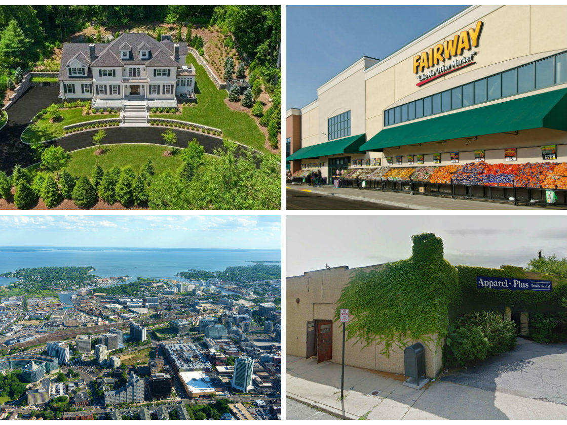 <em>Clockwise from top left: Rye mansion owner hits developer with lawsuit claiming their home has ‘numerous defects,' Cushman &amp; Wakefield tapped to sell Fairway Market building in Stamford, a parking garage company buys a New Rochelle building from its longtime owners and Fairfield County is seeing more office-to-residential conversions, according to CBRE Group.</em>