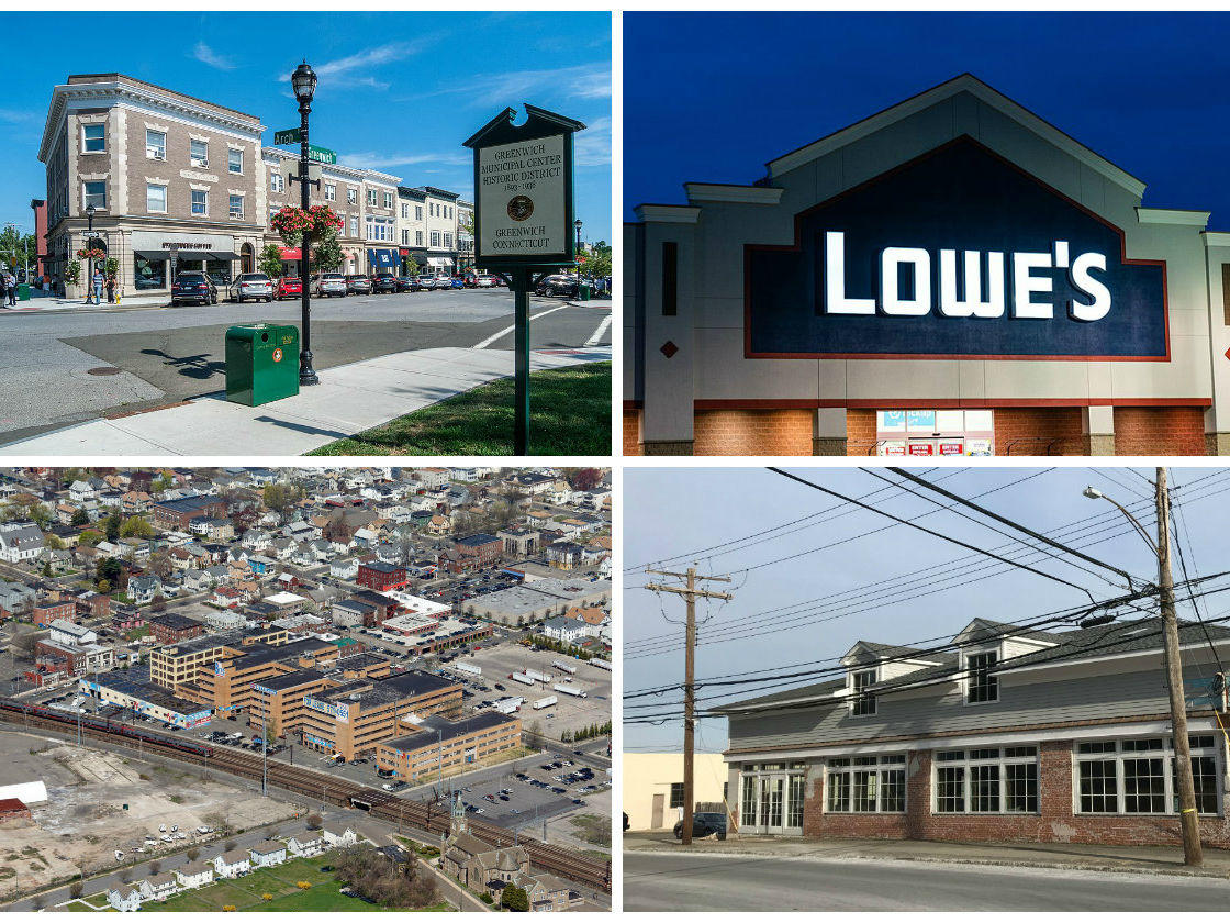<em>Clockwise from top left: Greenwich developer launches an Opportunity Zone-focused real estate investment trust (credit: Kenneth C. Zirkel), Westchester County’s second Lowe’s opening in Yorktown Heights (credit: Tony Webster), a software provider moves from Stamford to Fairfield as it looks to expand and Time Equities pays $13.85M for the Bridgeport Trade and Technology Center.</em>
