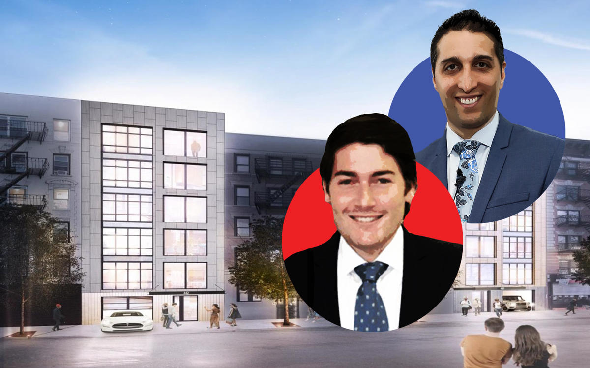 A rendering of 436-442 East 13th Street with Drew Popkin of Highpoint Property Group (red) and David Amirian of The Amirian Group (blue) (Credit: The Amirian Group)