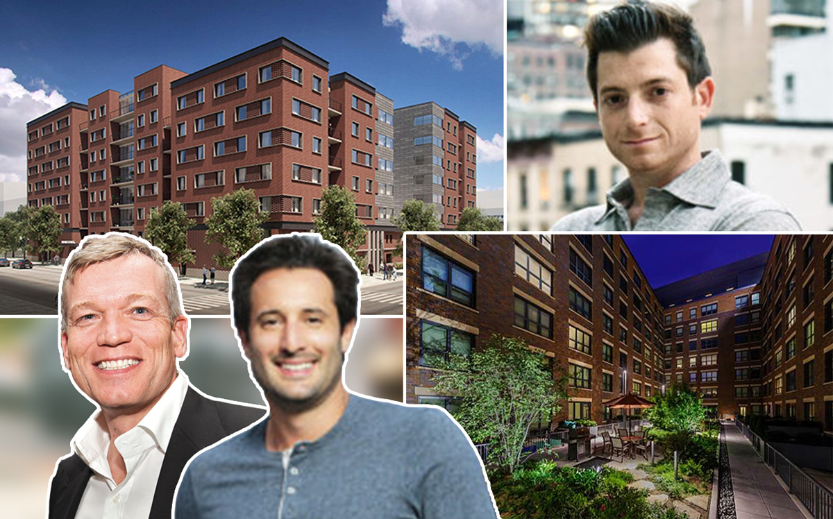 From left: Renderings of 1400 North Orleans Street with DDG CEO Joe McMillan (left), Marc Realty’s David Ruttenberg and Jonathan Gordon (right)