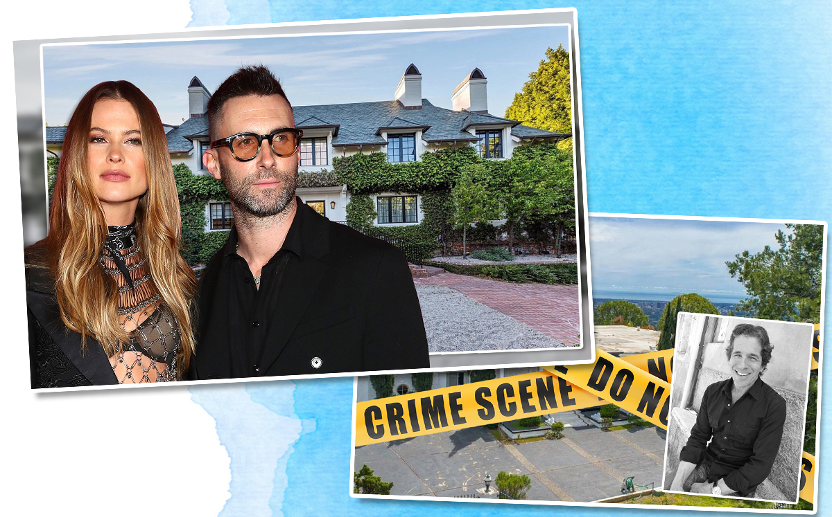 From left: Behati Prinsloo and Adam Levine with their home, and Peter Morton and his home (Credit: Getty Images, Zillow and Wikipedia)