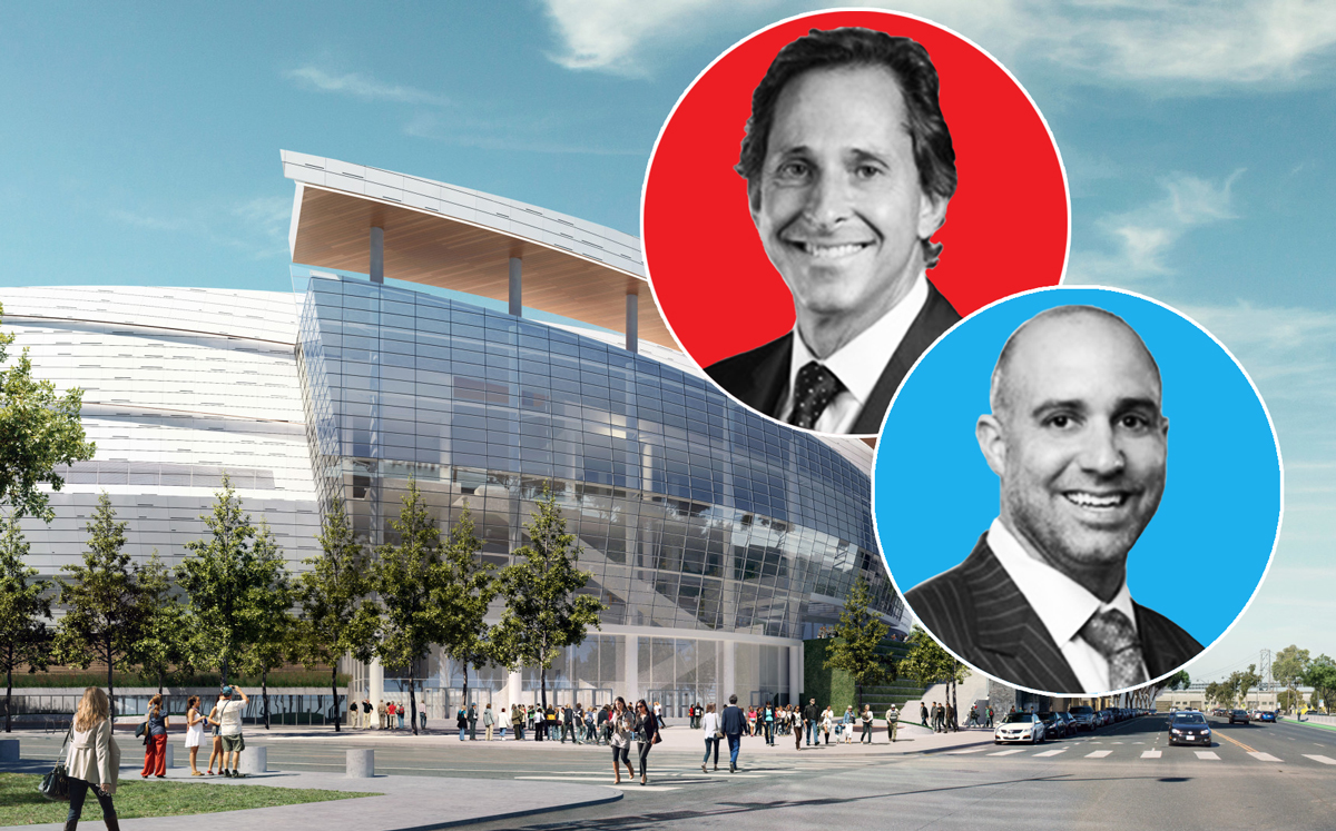 Cushman & Wakefield's Michael Sessa (left) and Craig Cassell with the Chase Center in San Francisco (Credit: Manica Architects)