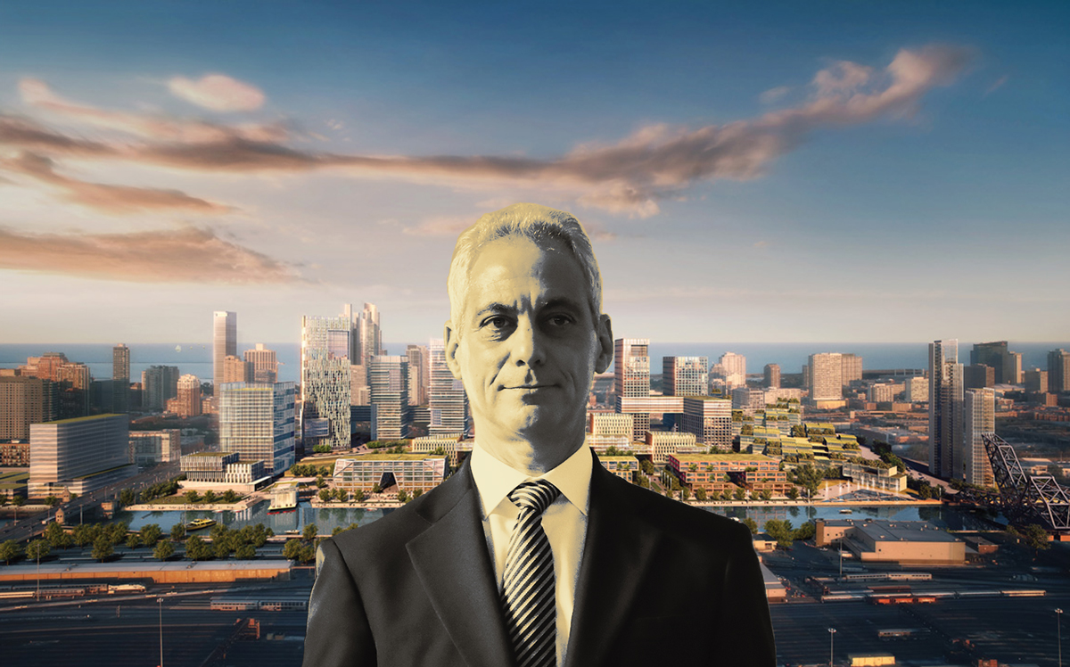 Mayor Rahm Emanuel and a rendering of The 78 (Credit: Getty Images)