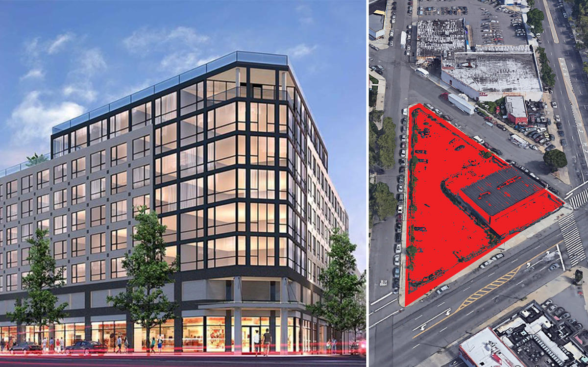 A rendering of 1134 Fulton Street and an aerial of 5901 Flatlands Avenue in Brooklyn (Credit: Karl Fischer Architects and Google Maps)