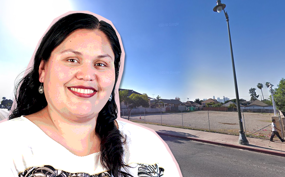 Isela Gracian, president of East LA Community Corp, and the project site at 113 S. Soto Street (Credit: Google Maps)