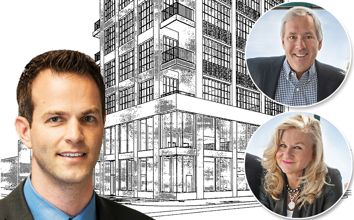 From left: Interra’s Jon Morgan and Heart of America founders Mike Whalen and Kim Whalen, with a sketch of the condo project