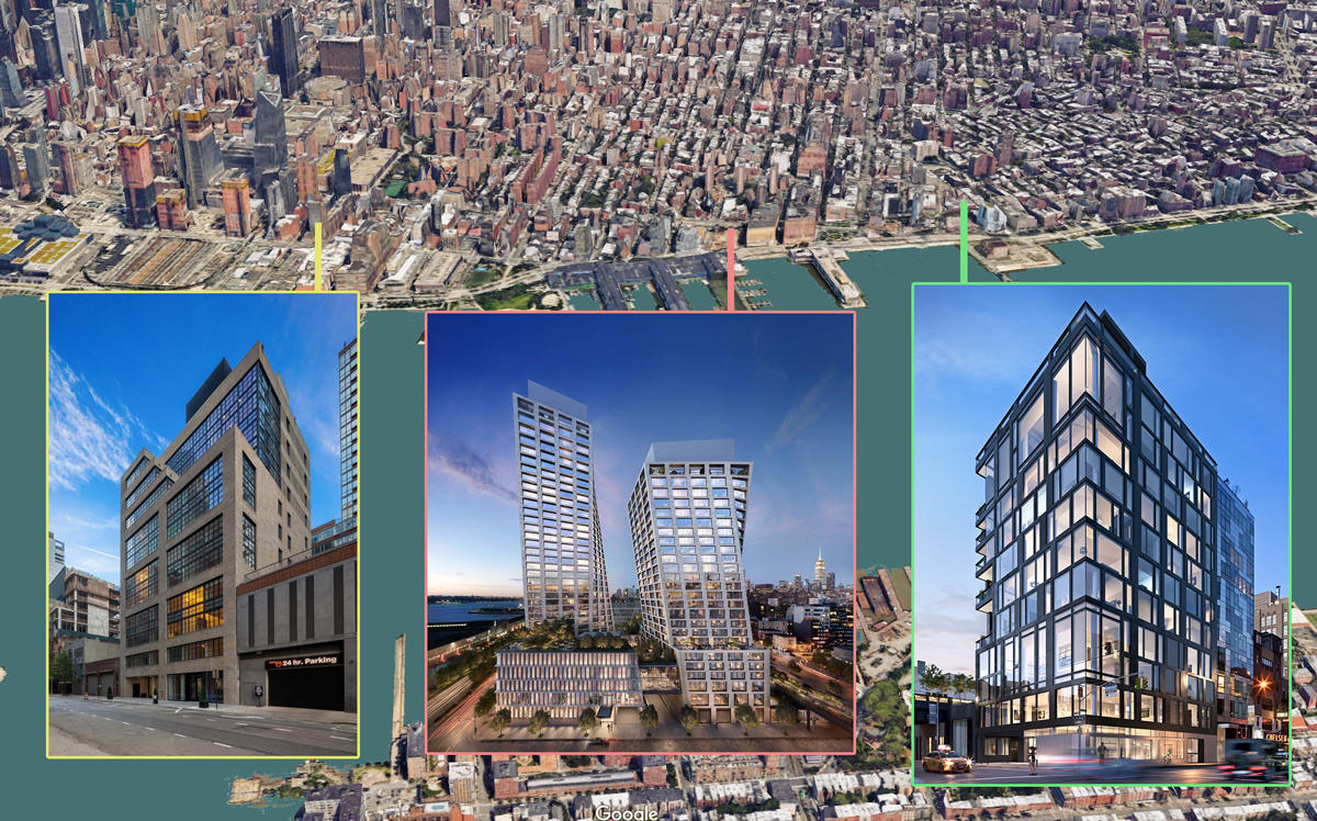From left: South of Hudson Yards at 550 West 29th Street, The XI at 76 11 Avenue, and The Getty at 503 West 24th Street (Credit: Google Maps)