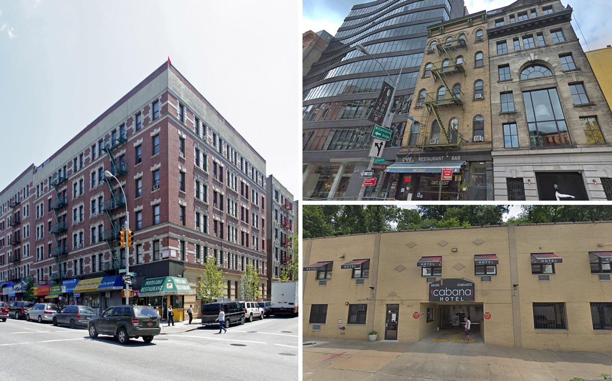 Clockwise from left: 3880 Broadway, 212 Lafayette Street, and 1300 Sedgwick Avenue in the Bronx (Credit: Google Maps)