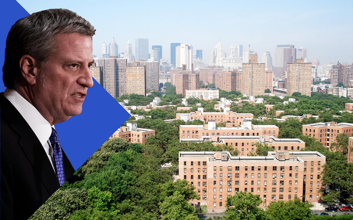 Mayor Bill de Blasio with the LaGuardia Houses at 280 Cherry Street (Credit: Getty Images and Wikipedia)
