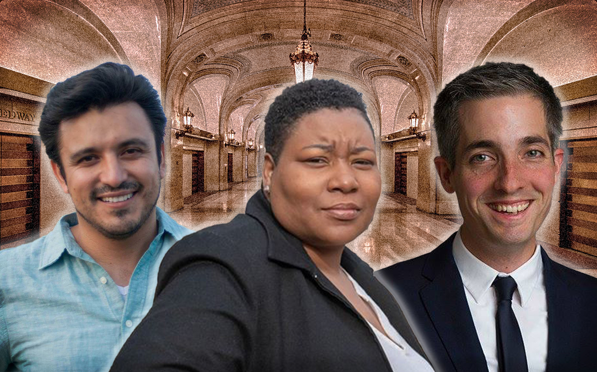 From left: Byron Sigcho-Lopez, Jeanette Taylor, and Daniel La Spata with Chicago's City Hall (Credit: iStock and Facebook)