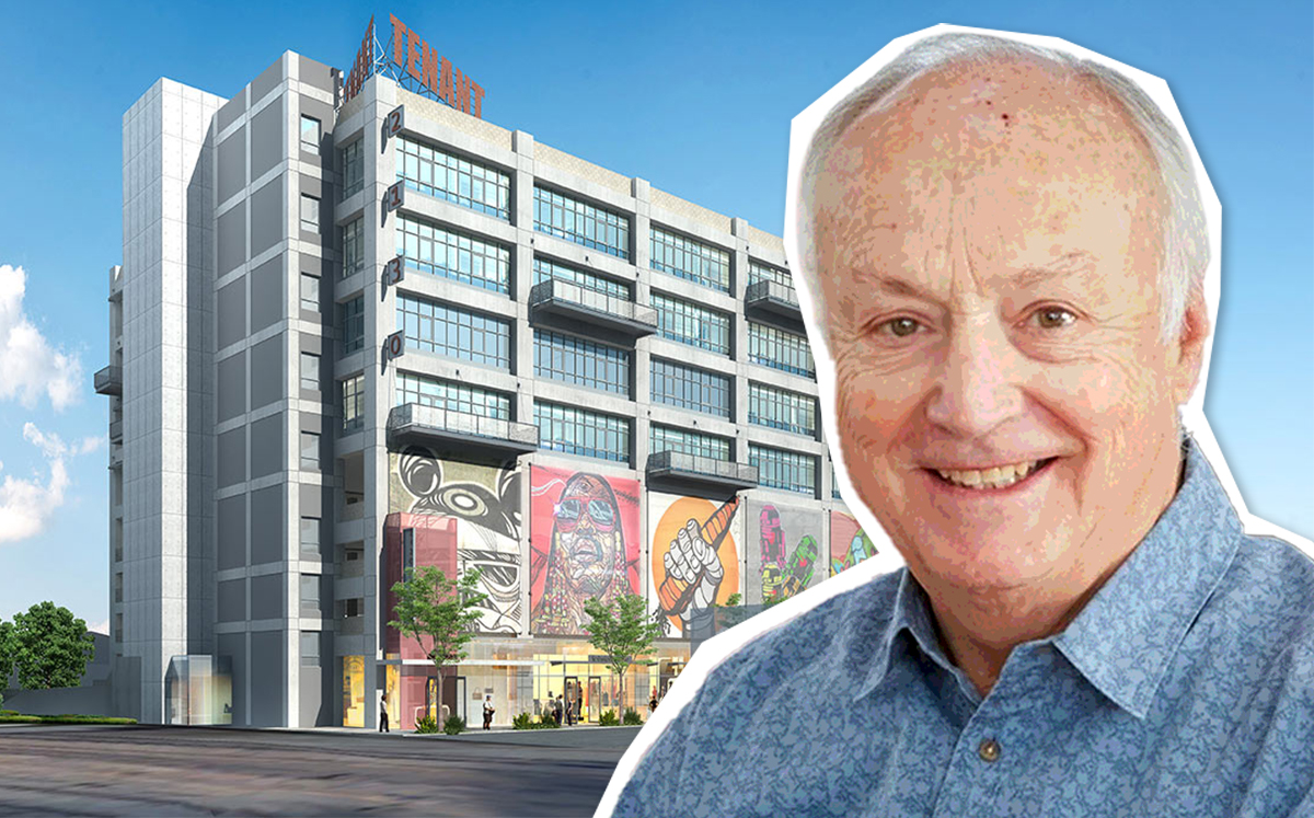 Bob Lowe, chairman of Lowe development firm with a rendering of the project set for Violet Street in the Arts District (Credit: Humphrey Partner Architects)