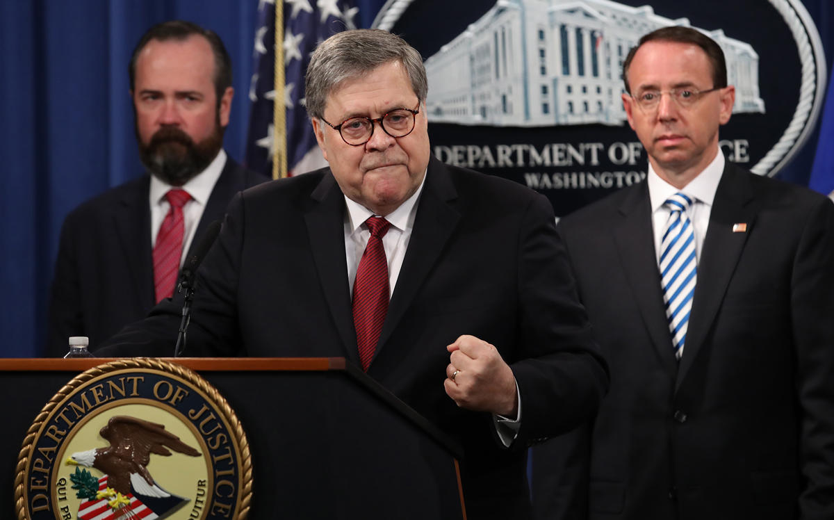 Attorney General William Barr speaks about the release of the redacted version of the Mueller report at the Department of Justice (Credit: Getty Images)