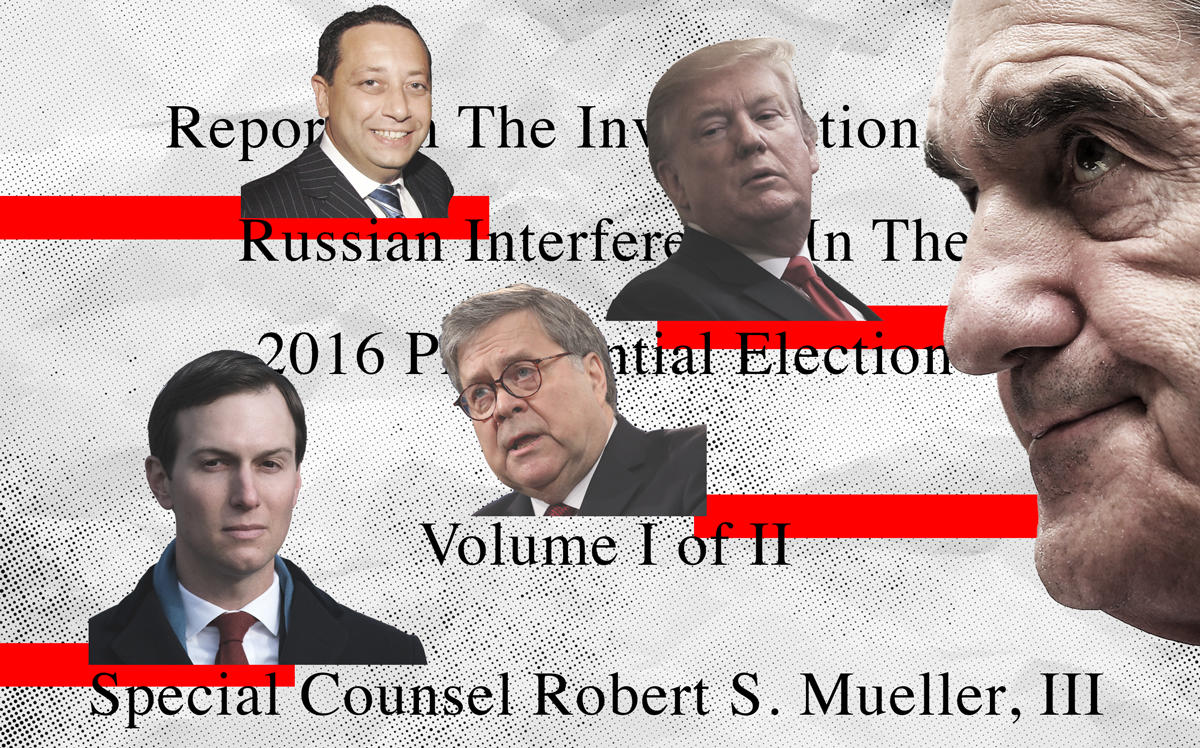 From left: Jared Kushner, Felix Sater, William Barr, Donald Trump, and Robert Mueller (Illustration by Kevin Rebong for The Real Deal; Credit: Getty Images and iStock)