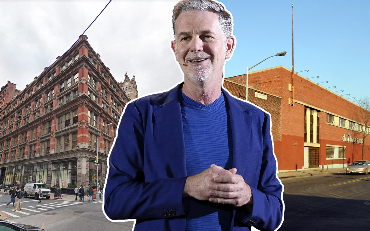 From left: 888 Broadway, Netflix CEO Reed Hastings, and 333 Johnson Avenue in Brooklyn (Credit: Getty Images, CityRealty, and Google Maps)