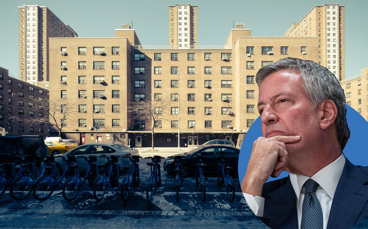 Chelsea's Fulton Houses and Mayor Bill de Blasio (Credit: NYCHA Redux via Parsons the New School for Design and Getty Images)