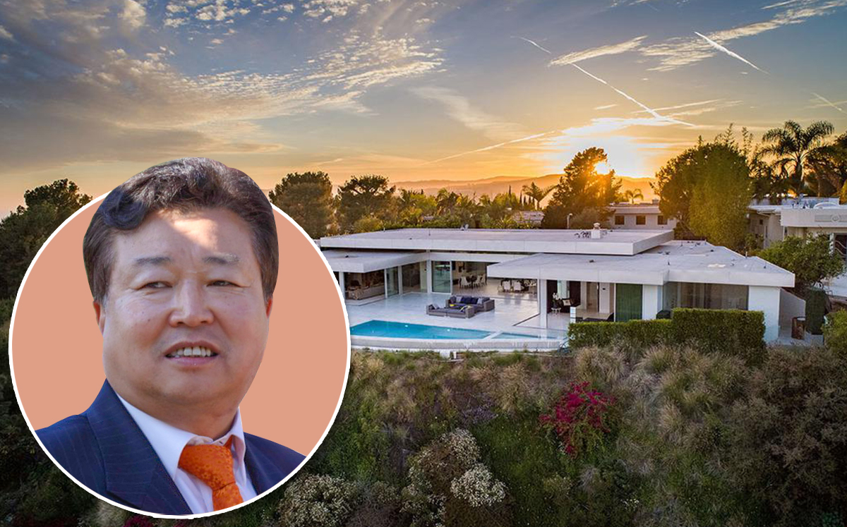 Yan Bin and the mansion on Carla Ridge in Beverly Hills’ Trousdale Estates (Credit: Compass)