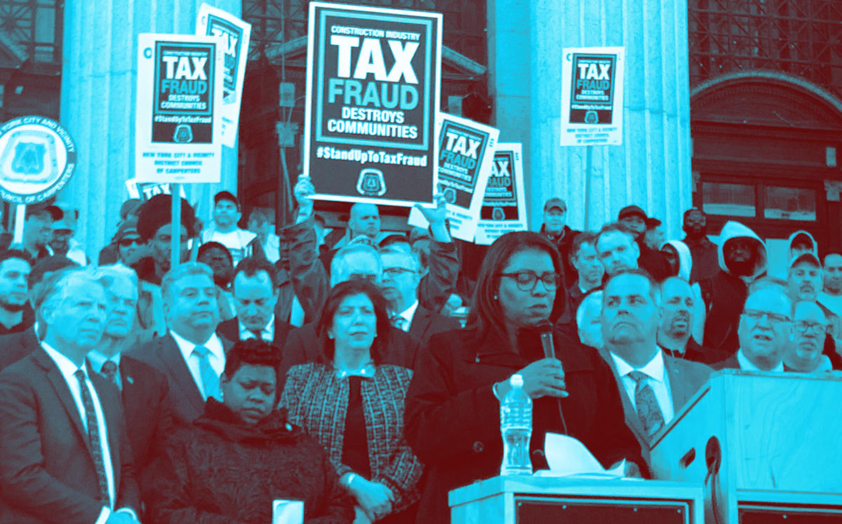Attorney General Tish James on Monday speaks at construction tax fraud rally outside James A. Farley Post Office