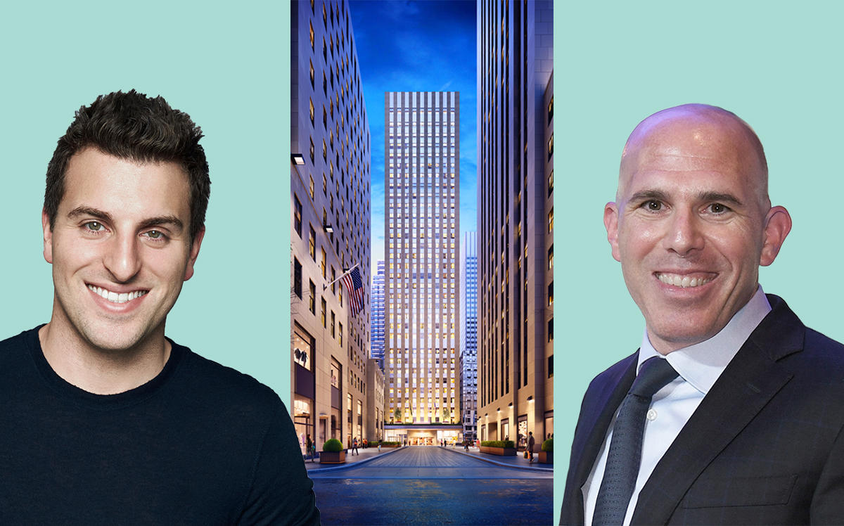 From left: Airbnb CEO Brian Chesky, 75 Rockefeller Plaza, and RXR Realty CEO Scott Rechler (Credit:RXR Realty and Getty Images)