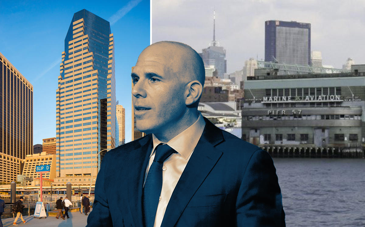 RXR Realty CEO Scott Rechler with 32 Old Slip and a rendering of Pier 57 (Credit: Getty Images)