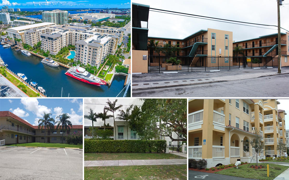 Clockwise from top left: Broadstone Harbor Beach, Manhattan II in Overtown, Temple Court Apartments, Cloisters at the Gables, and Watershed Residences