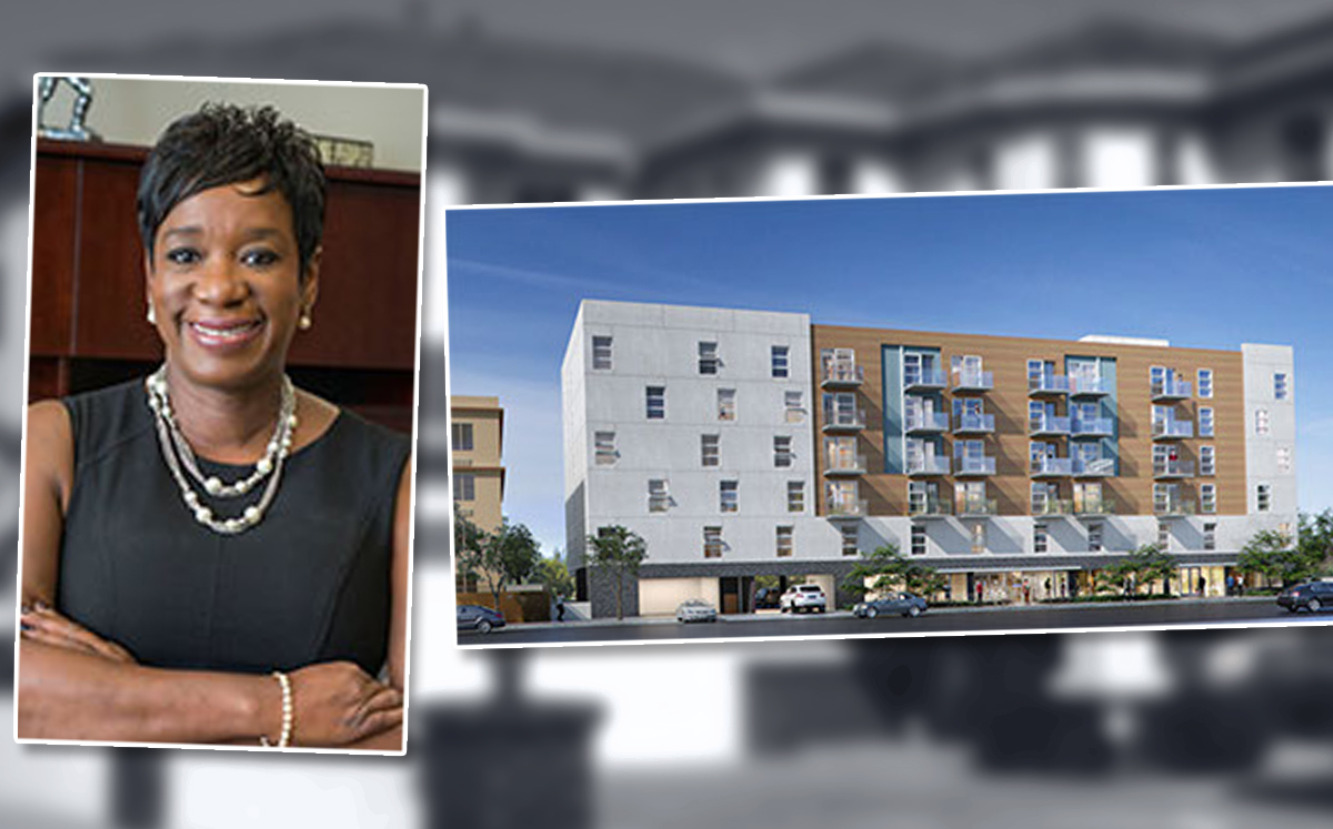 SRO Housing CEO Anita U. Nelson and a rendering of the Ingraham Apartments