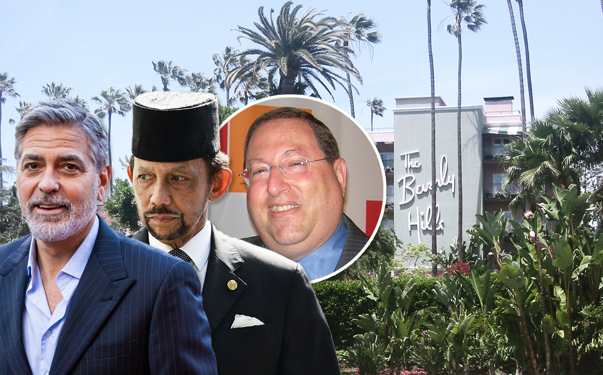From left: George Clooney, the Sultan of Brunei, Councilmember Paul Koretz, and the Beverly Hills Hotel (Credit: Getty Images and Wikipedia)