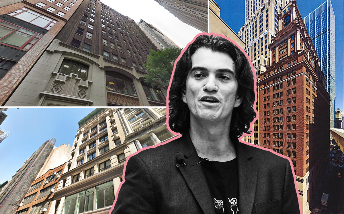 Clockwise from top left: 33 East 33rd Street, 44 Wall Street, 7 West 18th Street, and WeWork CEO Adam Neumann (Credit: Getty Images, Google Maps, and ADG Development)