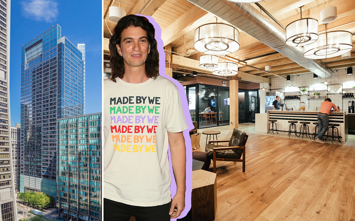 WeWork CEO Adam Neuman with 1 South Dearborn Street and the WeWork location at 167 North Green Street (right) (Credit: Getty Images, Hines, and WeWork)