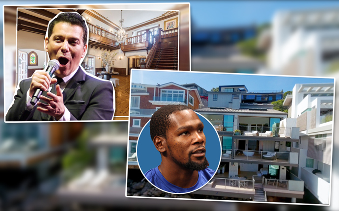 Michael Feinstein and a main room in the Los Feliz mansion and Kevin Durant and the home in Malibu (Credit: 31504 Victoria Point Road)