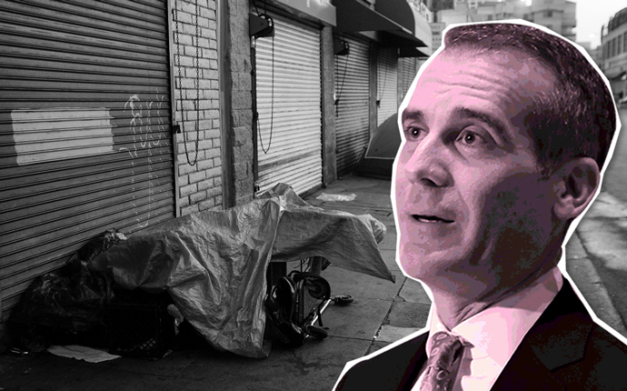 Mayor Eric Garcetti and a homeless encampment on skid row (Credit: Getty Images)