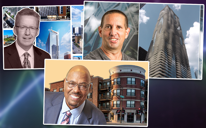 From top left, clockwise: CA Ventures CEO Tom Scott and 1140 South Wabash, Magellan president David Carlins and Aqua Tower, and Avanath Capital CEO Daryl Carter and 551 West North Avenue