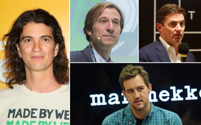 Clockwise from left: WeWork CEO Adam Neumann, Vice Chairman Michael Gross, CFO Artie Minson, and WeWork co-founder Miguel McKelvey (Credit: Getty Images)
