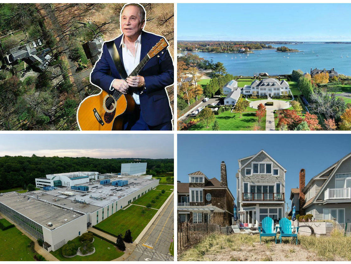 <em>Clockwise from top left: Paul Simon seeks $13.9M for his New Canaan home, the $48M off-market sale of a Greenwich estate is the largest in the town since 2014, former standup comedian-turned-life coach Lisa Lampanelli lists her Fairfield beachside home for nearly $2.5M and the sale of a former Novartis campus in Rockland County is the subject of a $100M lawsuit filed in White Plains.</em>