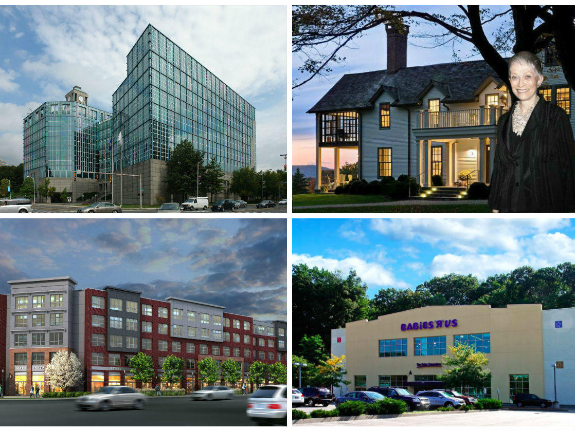 <em>Clockwise from top left: Diageo signs Stamford lease amid relocation of North American headquarters, Melva Bucksbaum’s Litchfield County estate seeks a potentially record-breaking $20M, JTRE Holdings buys a former Babies ‘R’ Us building in Yonkers for $12.5M and a Fairfield residential property secures $28M in financing from Washington Trust.</em>