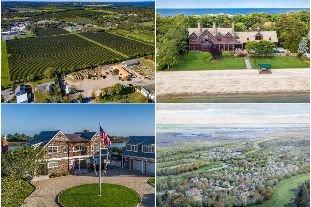<em>Clockwise from top left: Bedell Cellars in Cutchogue lists for nearly $18M after owner Michael Lynne's death, a video game titan's waterfront home in Northport has its ask cut down to $5.75M, Southampton wants answers from developers of East Quogue golf course and a creek-front home in Bridgehampton gets a price chop to $12.5M.</em>