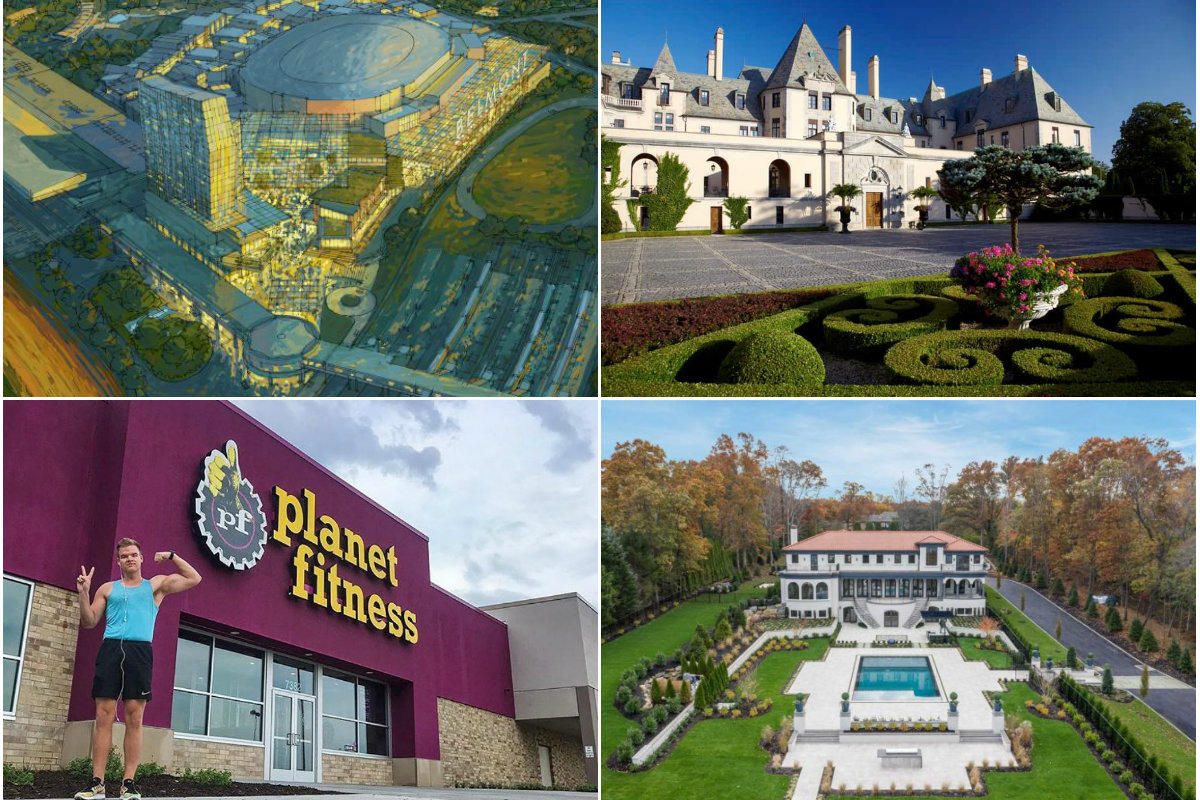 <em>Clockwise from top left: State weighs adding a Long Island Rail Road station to $1.2B Belmont Park project amid mounting opposition, Oheka Castle in Huntington moves closer to foreclosure with judge's decision, a Mediterranean-style home in Sands Point lists for $9M and Planet Fitness and HomeSense prepare to move into a former Waldbaum's in Stony Brook.</em>