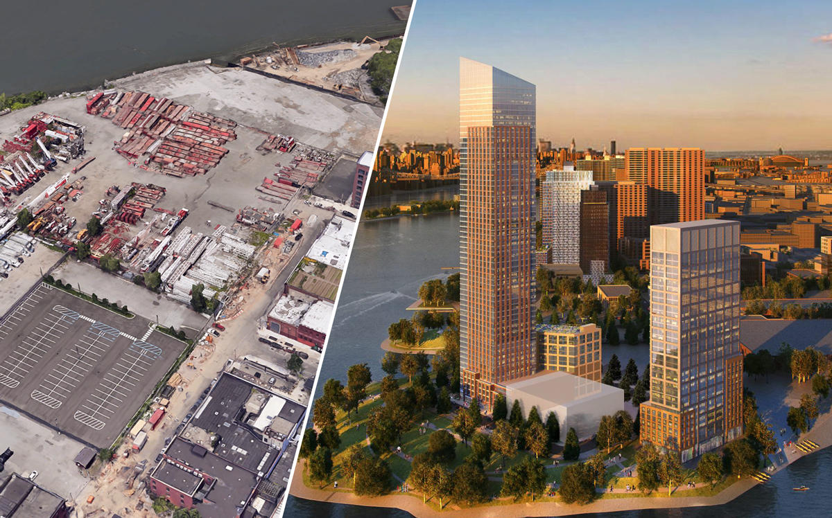 From left: 221 West Street, in Brooklyn and renderings of 1-15 57th Street (left) and 57-28 2nd Avenue in Queens (Credit: Google Maps and Handel Architects)
