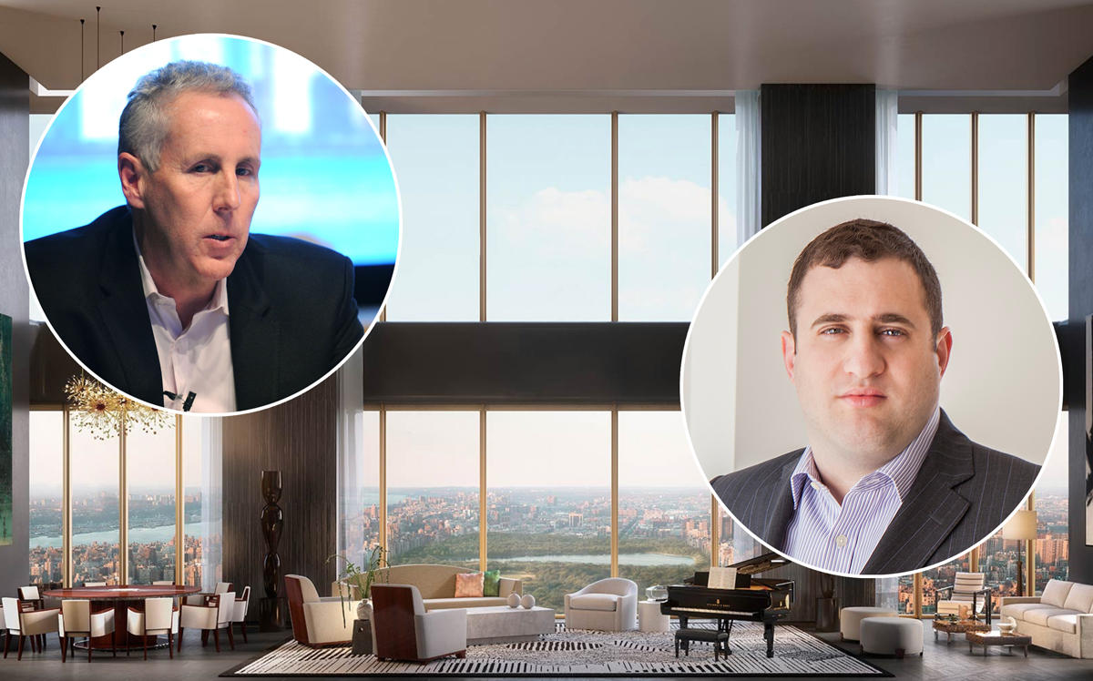 Property Markets Group's Kevin Maloney (left) and JDS Development's Michael Stern with an interior rendering of 111 West 57th Street (Credit: Getty Images)