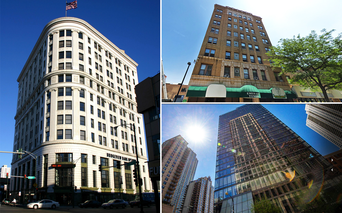 Clockwise from left: Bridgeview Bank Building at 4717 North Clifton Avenue, Emerald Tower apartments at 4541 North Sheridan Road, and the Eurostars Magnificent Mile, formerly known as Dana Hotel at 660 North State Street