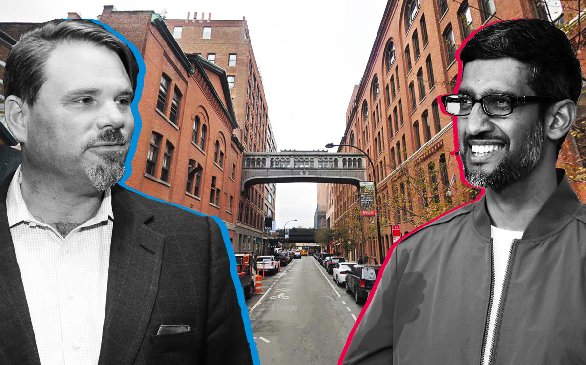 From left: Jamestown’s Michael Phillips with the Milk Building at 450 West 15th Street and Google’s Sundar Pichai with the Chelsea Market building at 75 Ninth Avenue (Credit: Google Maps; Phillips via CoStar; and Pichai via Getty)