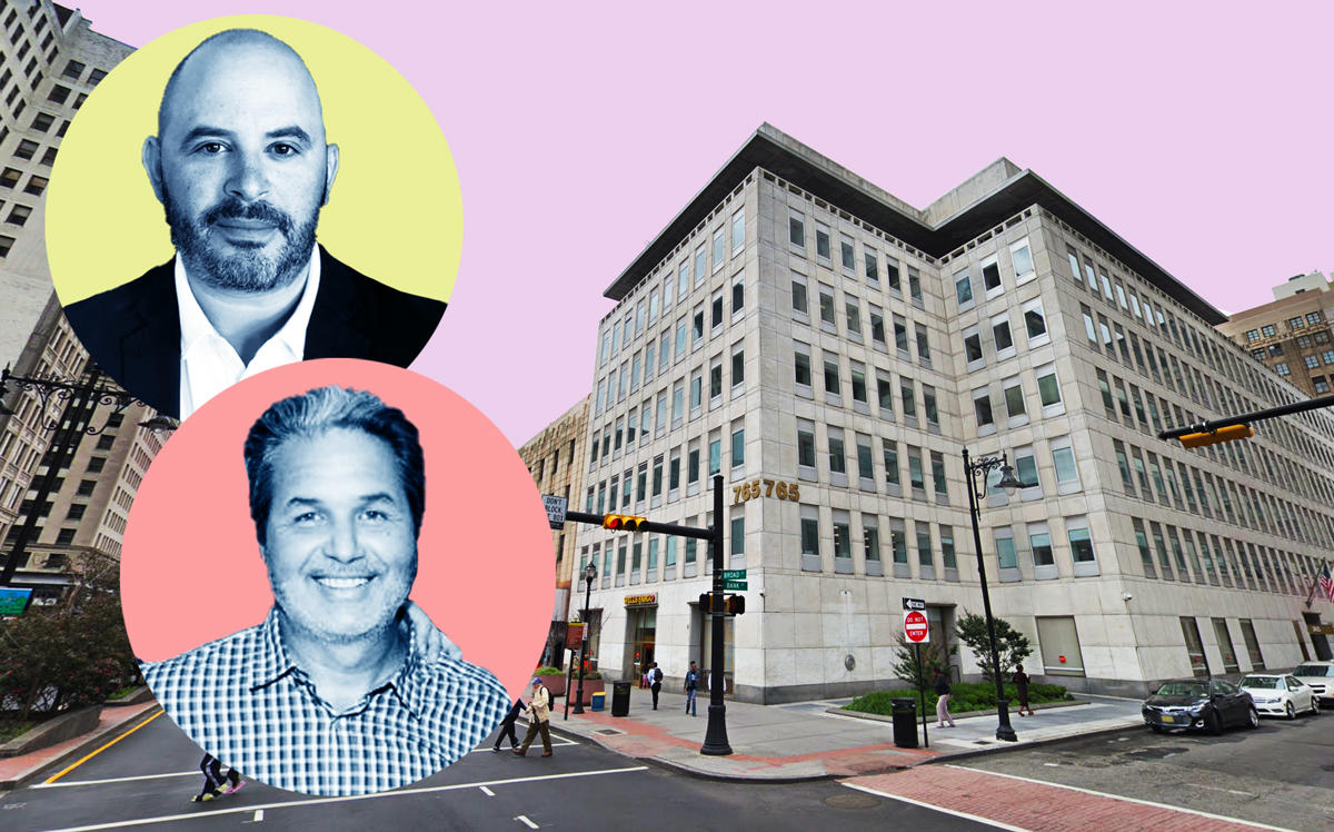 Joy Construction's Eli Weiss (top) and Maddd Equities' Jorge Madruga with 765 Broad Street in Newark (Credit: Google Maps and Getty Images)